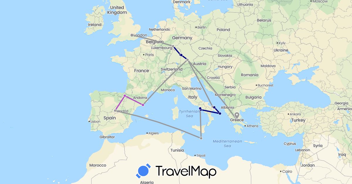 TravelMap itinerary: driving, plane, train in Germany, Spain, United Kingdom, Greece, Italy, Malta (Europe)